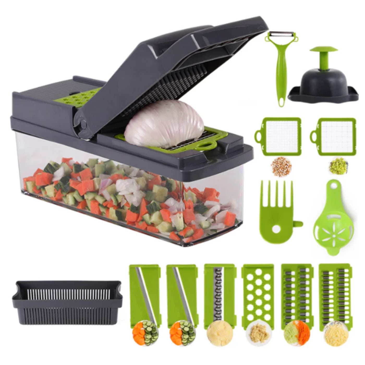 VeggiFlow™ – Picadora Multifuncional con Recipiente Integrado